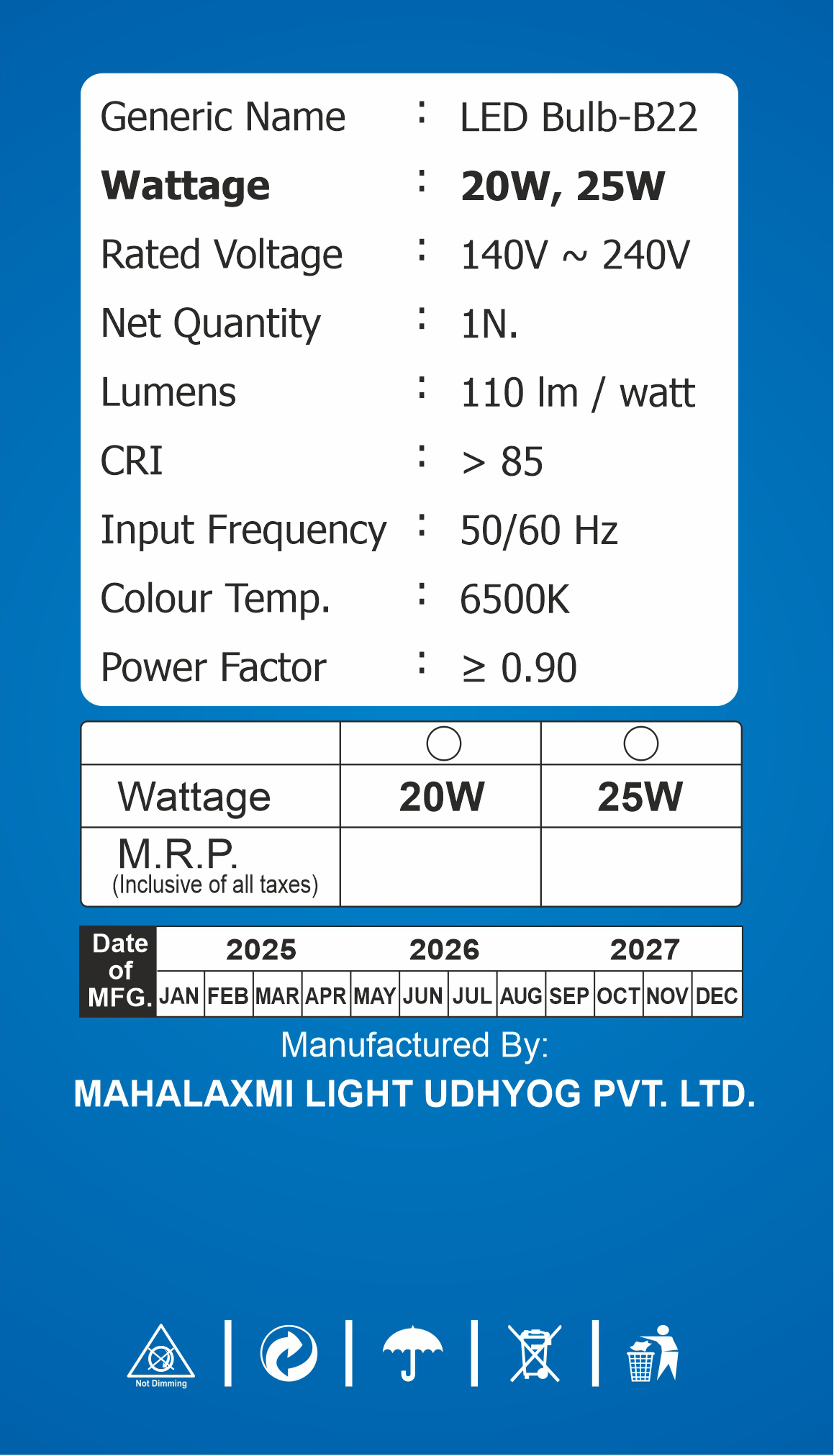Maha Laxmi Led Light 20W Crystal White/6500kB22 - Image 2