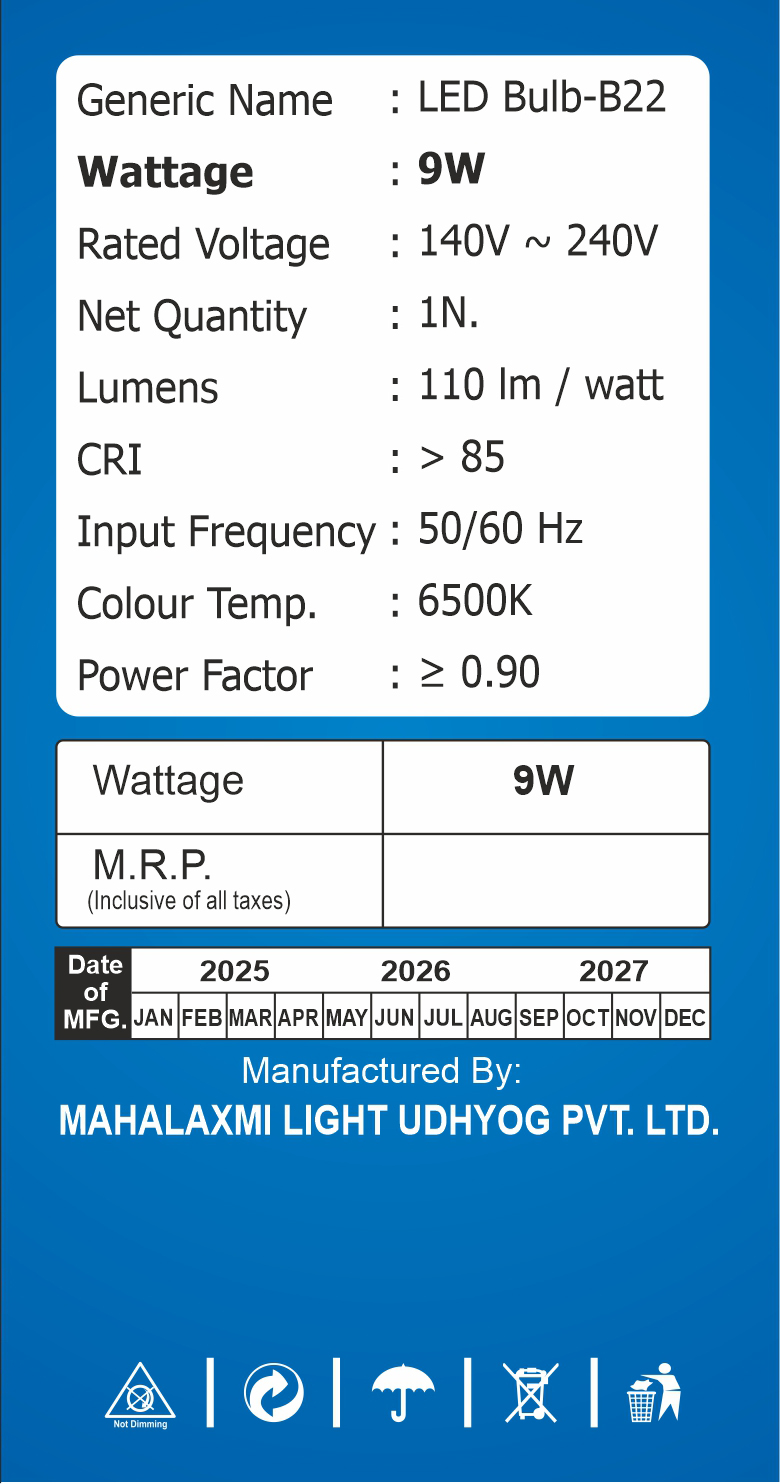 Maha Laxmi Led Light 9W Crystal White/6500kB22 - Image 4